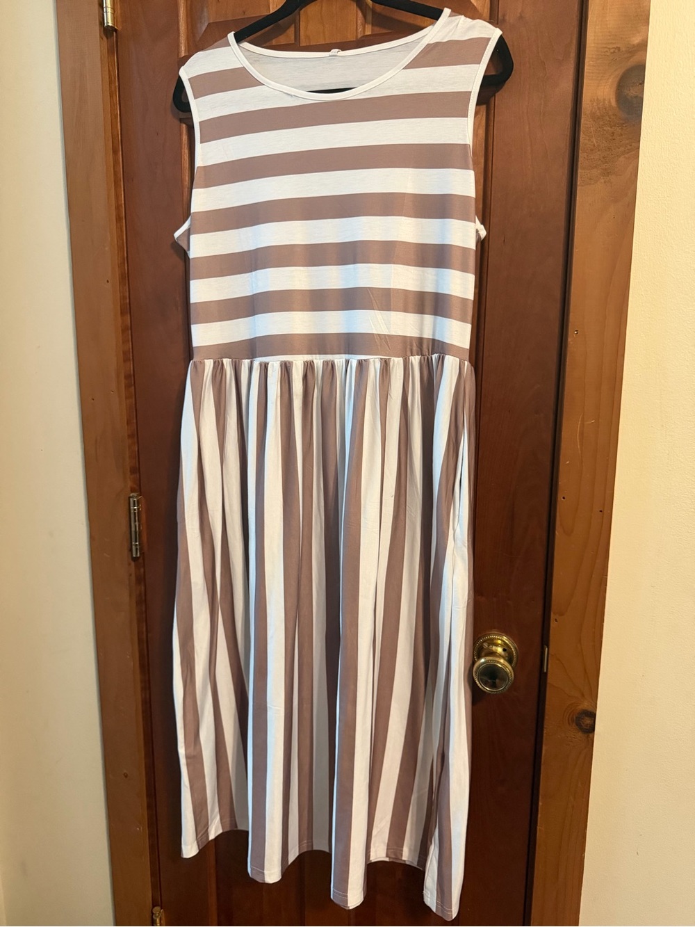 Striped Sleeveless Women’s Dress in Taupe and White